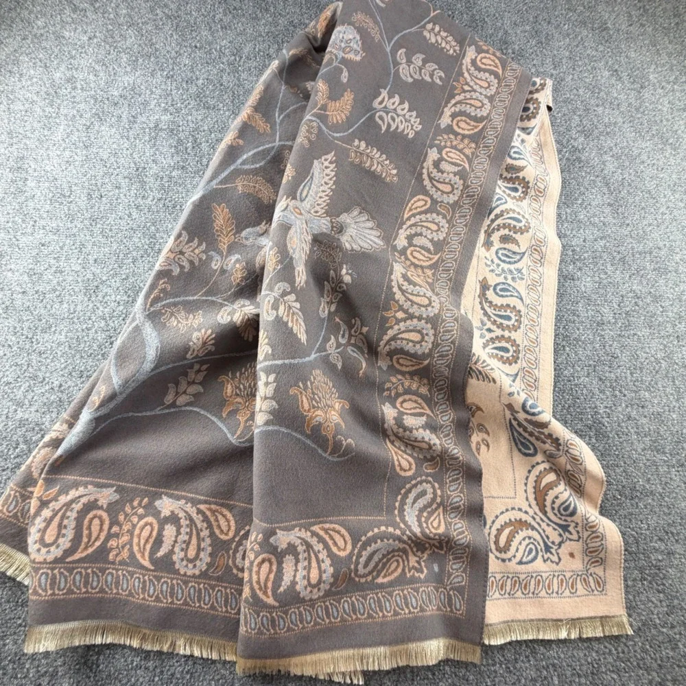 Reversible Faux Cashmere Paisley Floral Pashmina Shawl Scarf Grey Tan 0216